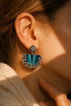 Teal striped fabric chandbali earring edged with silver ghungroo bells