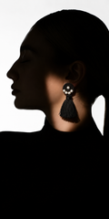 Black Pearl Tassel Earrings — handcrafted black pearl tassel statement earrings for women, House of Falguni