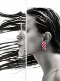 Leher Fuchsia Pink half moon earrings: fuchsia and white lehariya stripes edged with silver-tone ghungroo beads, worn on the ear