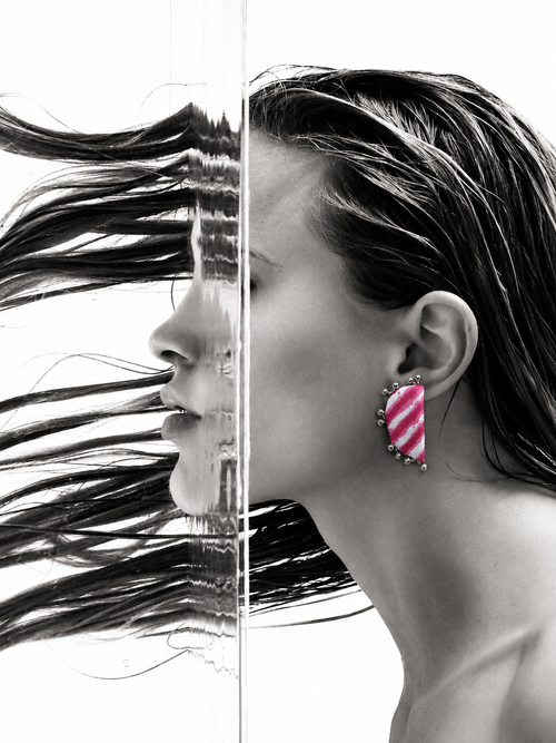 Leher Earrings in fuchsia pink Lehariya fabric with silver ghungroo beads, handcrafted by House of Falguni