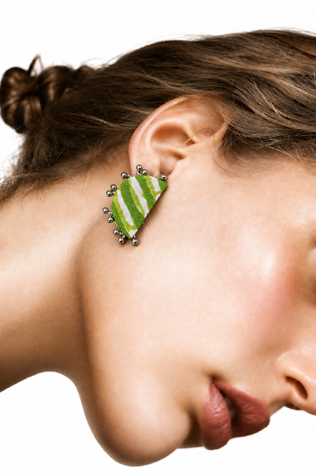 Leher Earrings in lime green Lehariya fabric with silver ghungroo beads, handcrafted by House of Falguni