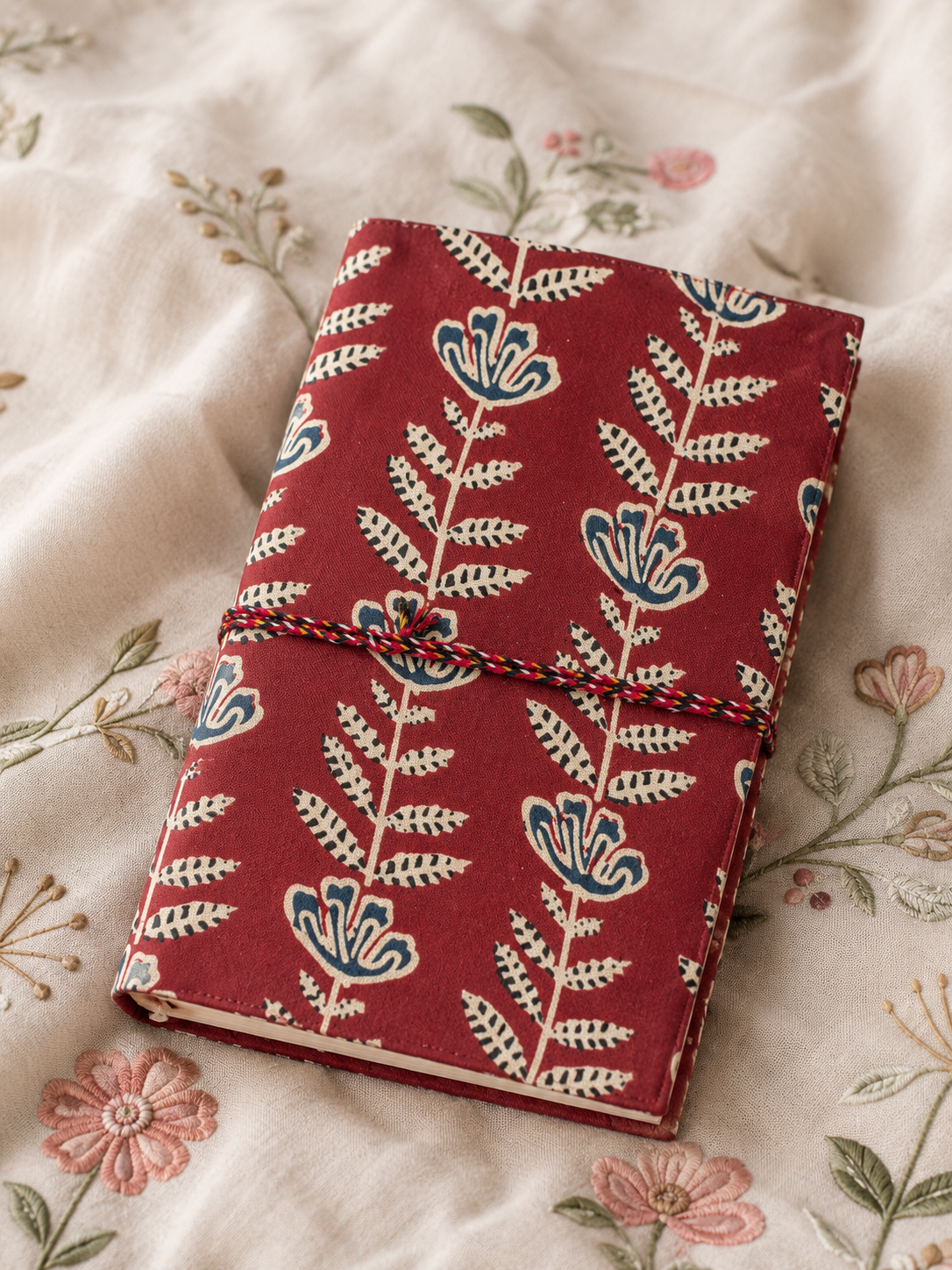 Katha Fabric Diary — Crimson Jaipur red floral block-print cotton journal gift India