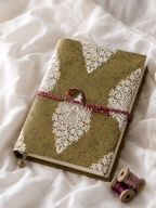 Katha Fabric Diary — Olive Dabu resist print handcrafted cotton notebook open pages