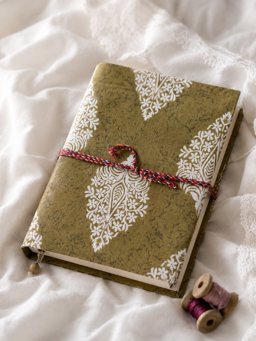 Katha Fabric Diary — Olive Dabu resist print handcrafted cotton notebook open pages
