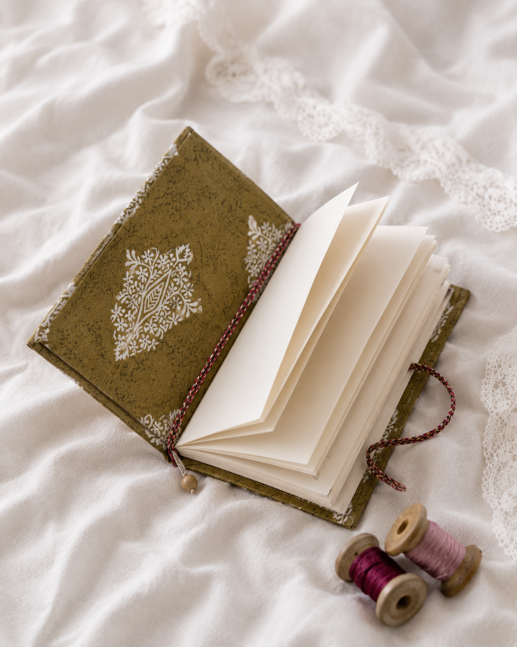 Katha Fabric Diary — Olive Dabu flatlay hand block-print journal House of Falguni
