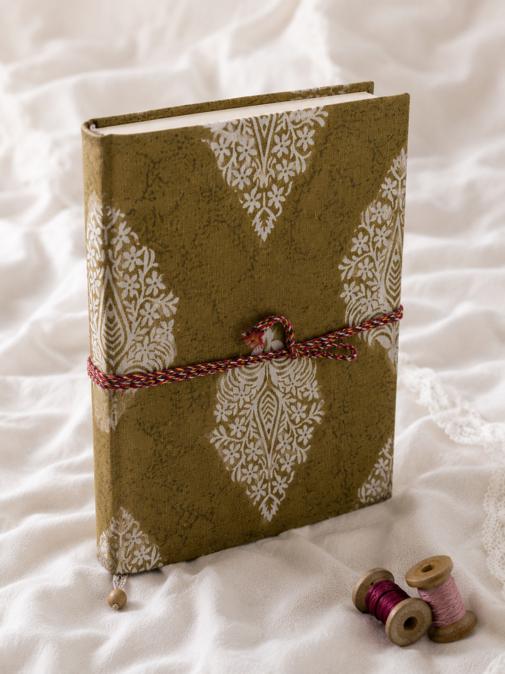 Katha Fabric Diary — Olive Dabu standing view handcrafted fabric diary India
