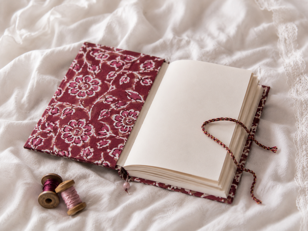 Katha Fabric Diary — Wine Suzani flatlay handcrafted cotton journal India