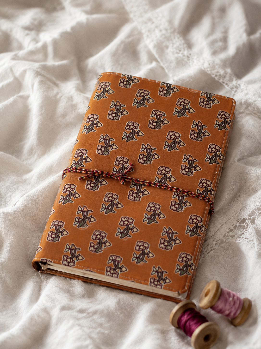 Katha Fabric Diary — Hara Mahal ivory orange Jaipur floral block-print diary