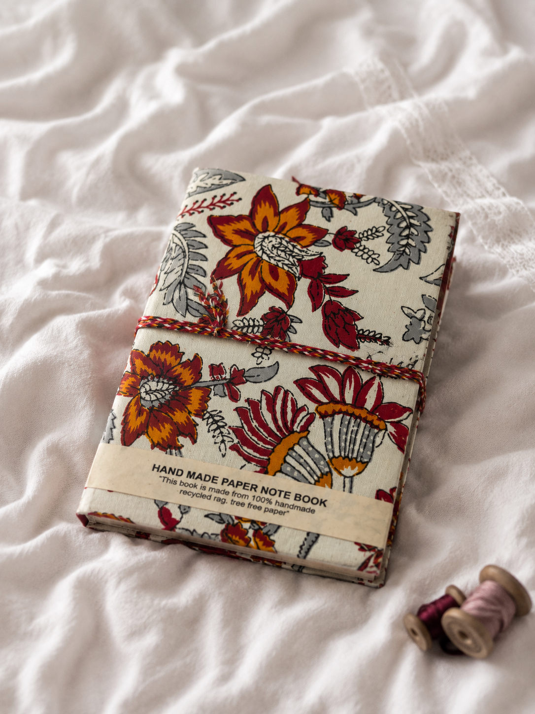 Katha Fabric Diary — Rani Phool open pages raspberry floral block-print diary India