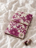Blush Garden hand block-printed cotton fabric diary: an ivory ground with large plum-pink flowers and trailing leaves