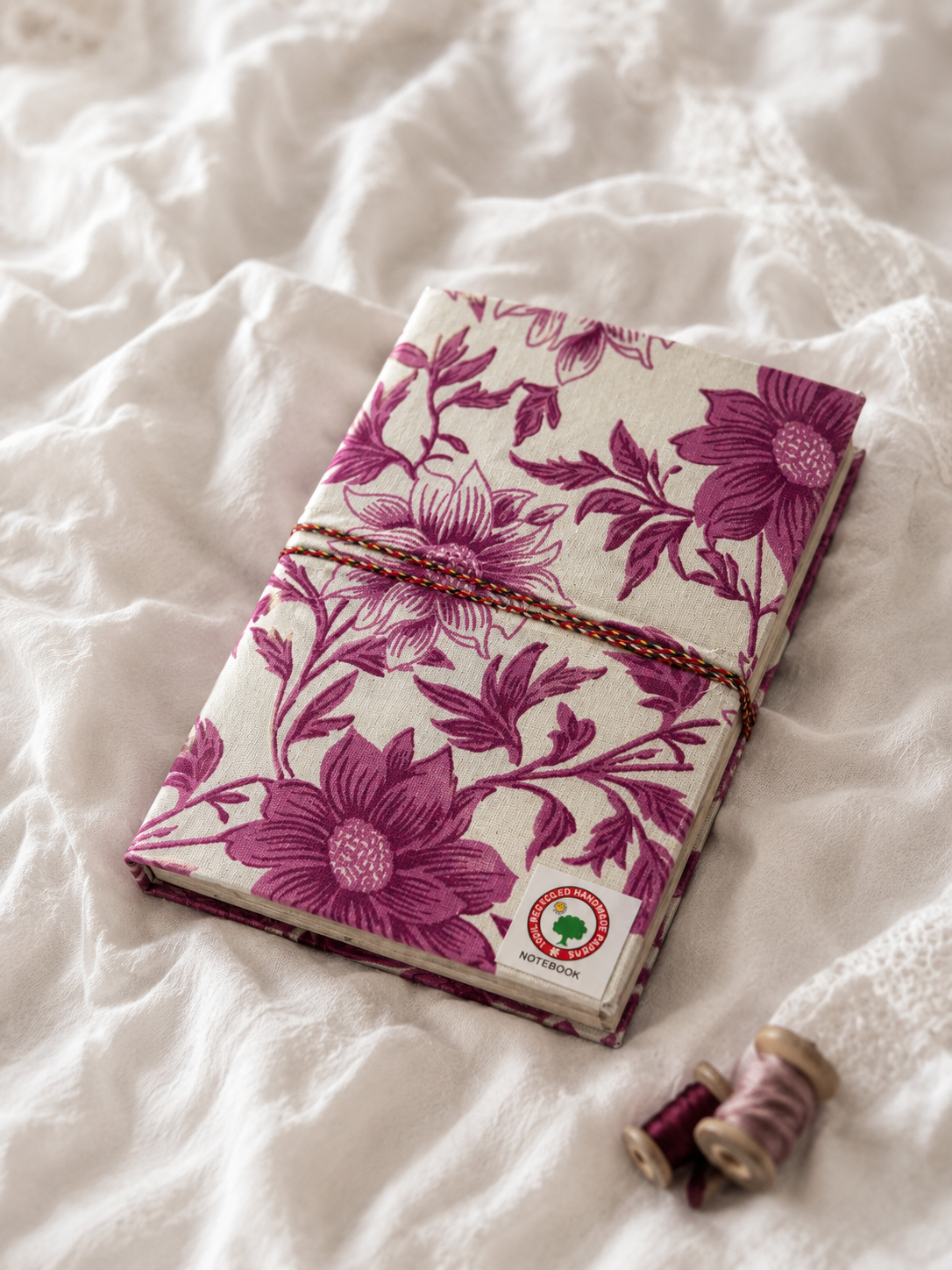 Katha Fabric Diary — Blush Garden pink mauve large floral handmade notebook India