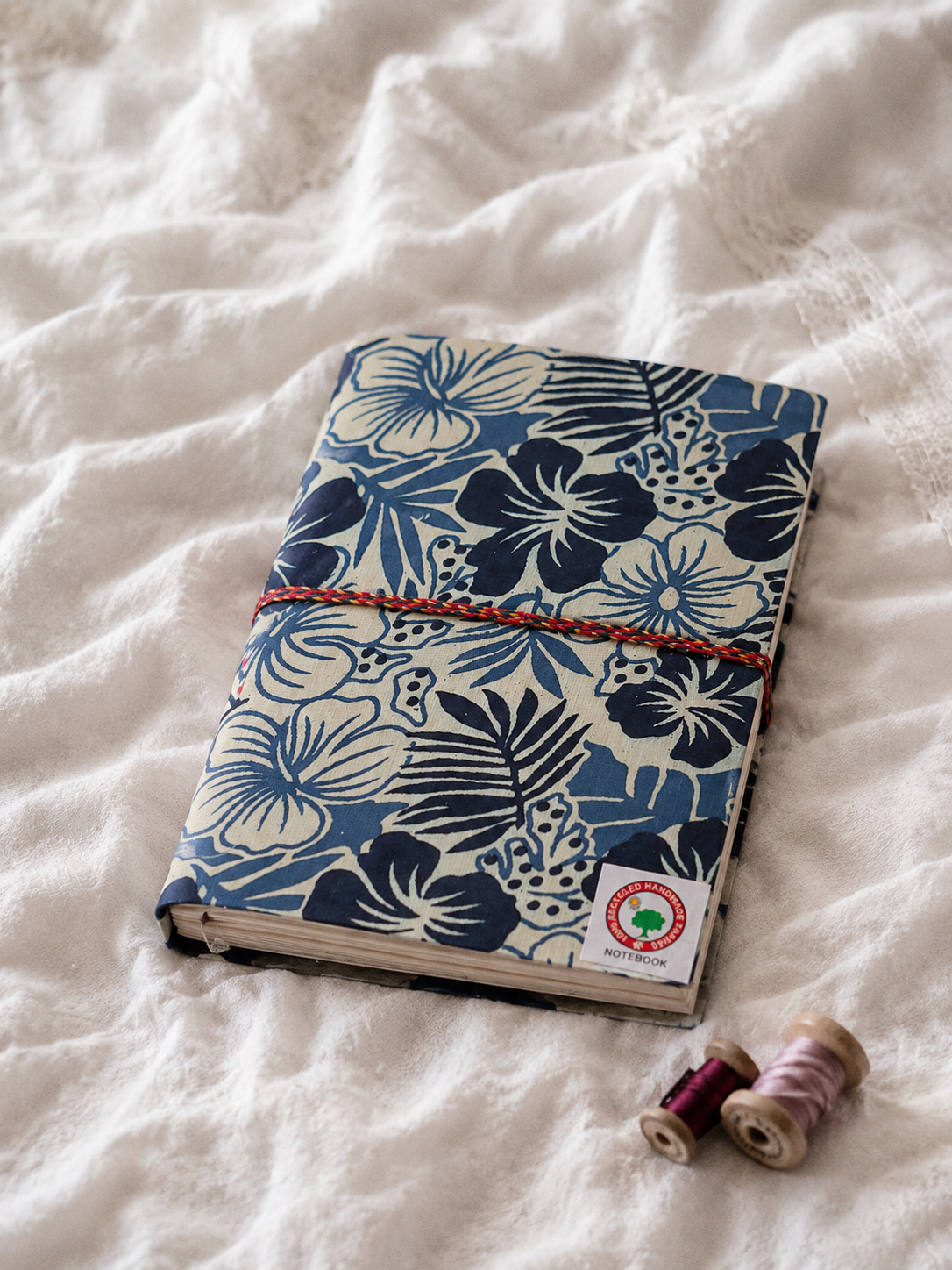Katha Fabric Diary — Indigo Tropics navy tropical hibiscus block-print journal