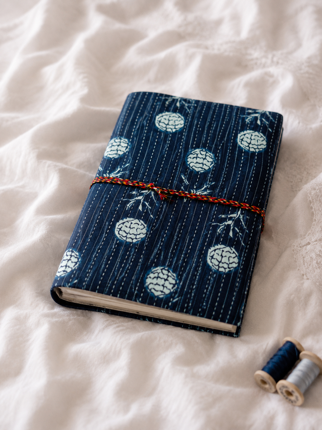 Katha Fabric Diary — Indigo Ajrakh blue geometric block-print cotton journal India