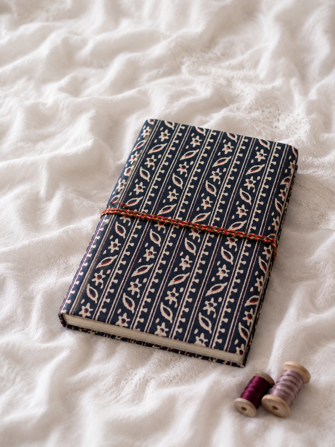 Katha Fabric Diary — Slate Rose dusty blue pink roses block-print handmade diary