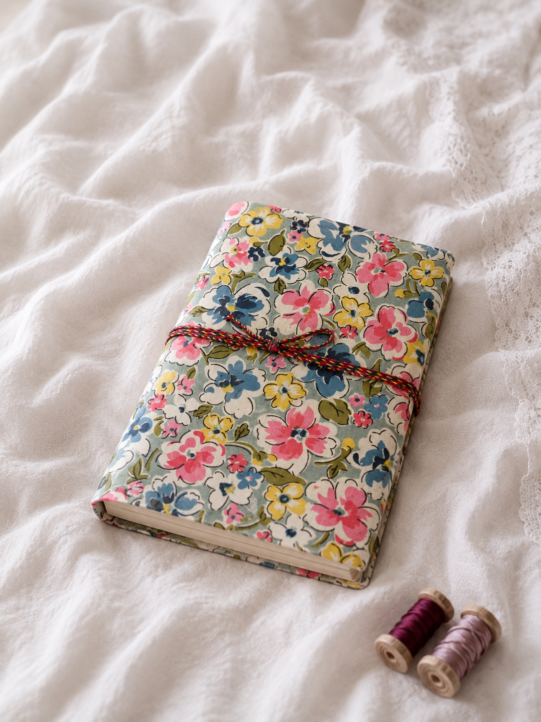 Katha Fabric Diary — Neel Palash white blue palm figurine block-print journal