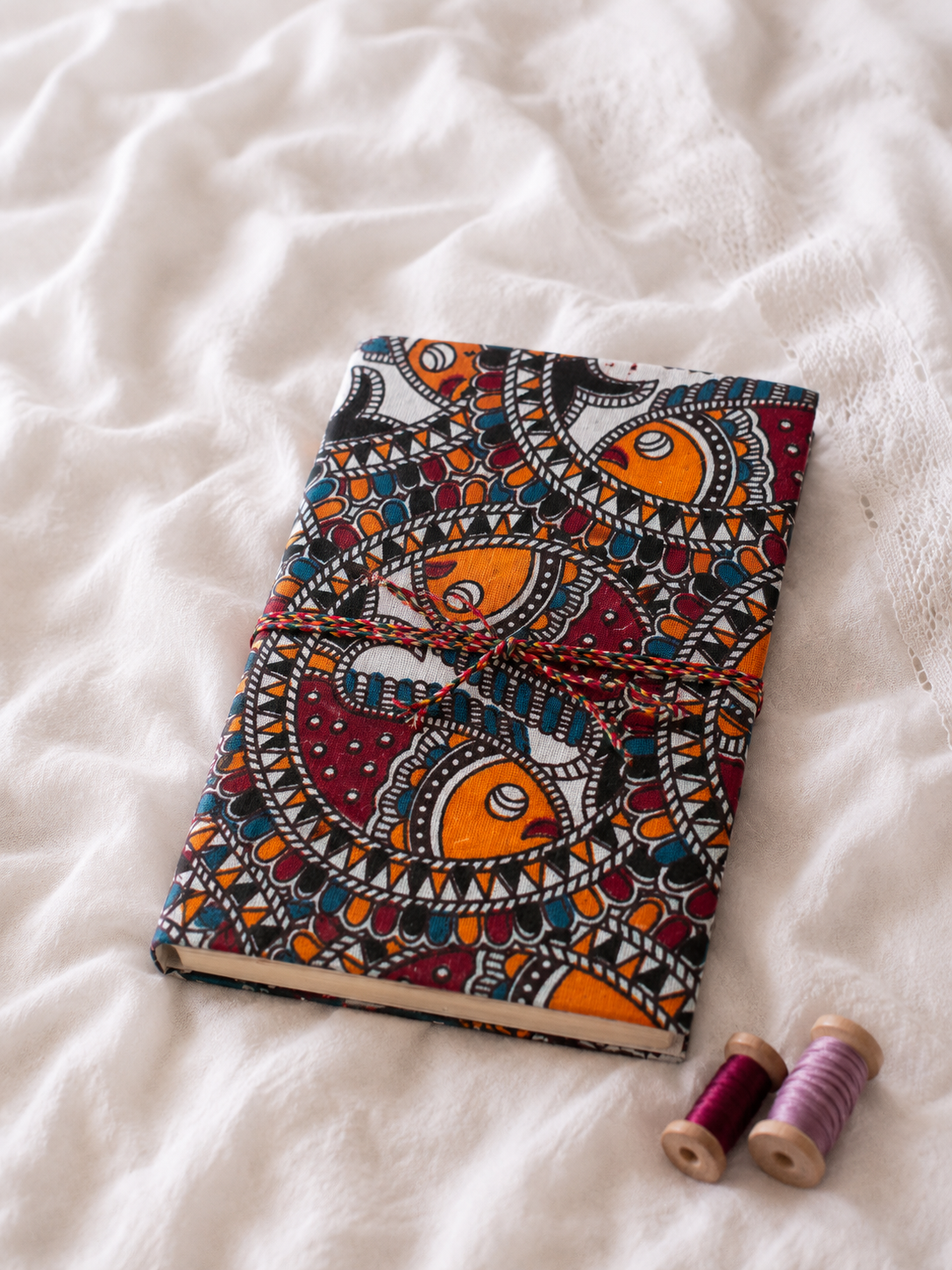 Katha Fabric Diary — Crimson Ajrakh red navy Ajrakh medallion handmade journal India
