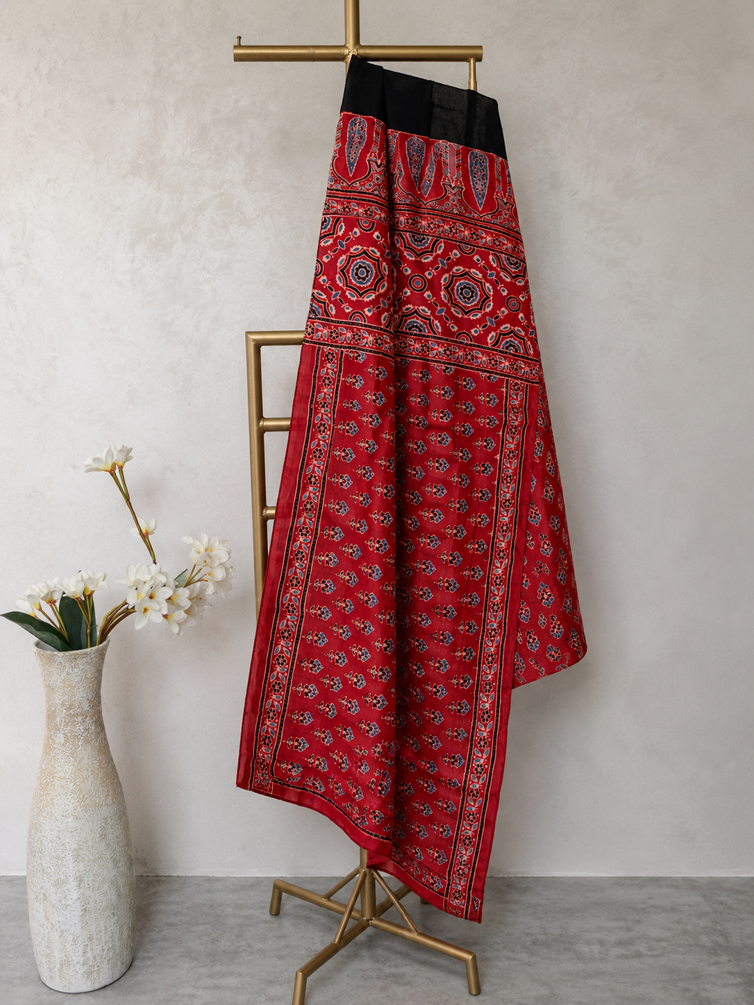 Nilufar Modal Silk Stole — Crimson Kalam hand block-print Ajrakh stole House of Falguni
