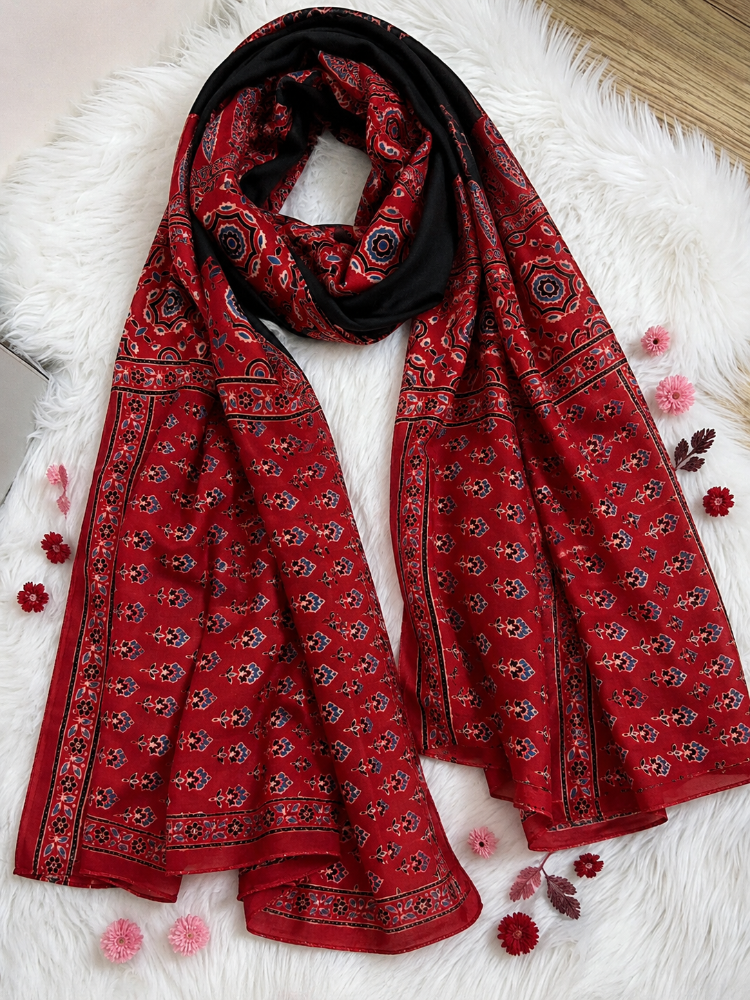 Nilufar Modal Silk Stole — Crimson Kalam flatlay red Ajrakh modal silk stole India