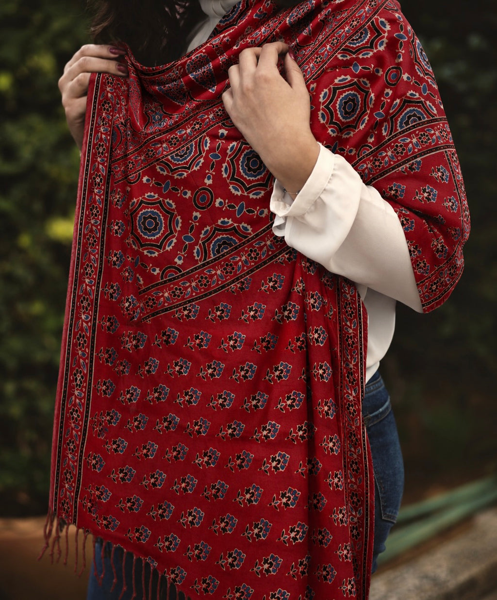 Nilufar Modal Silk Stole — Crimson Kalam close-up Ajrakh block-print modal silk wrap