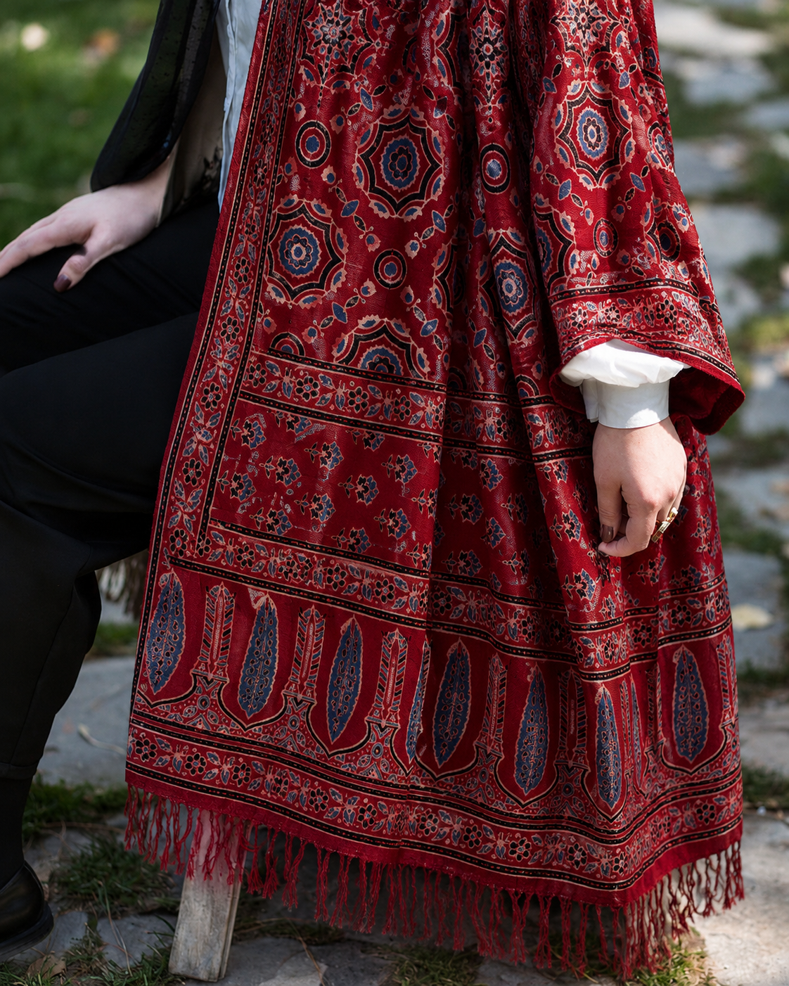 Nilufar Modal Silk Stole — Crimson Kalam worn styled red Ajrakh dupatta India