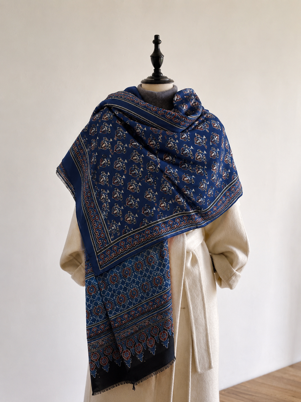 Nilufar Modal Silk Stole — Navy Ajrakh blue buti print modal silk stole on mannequin