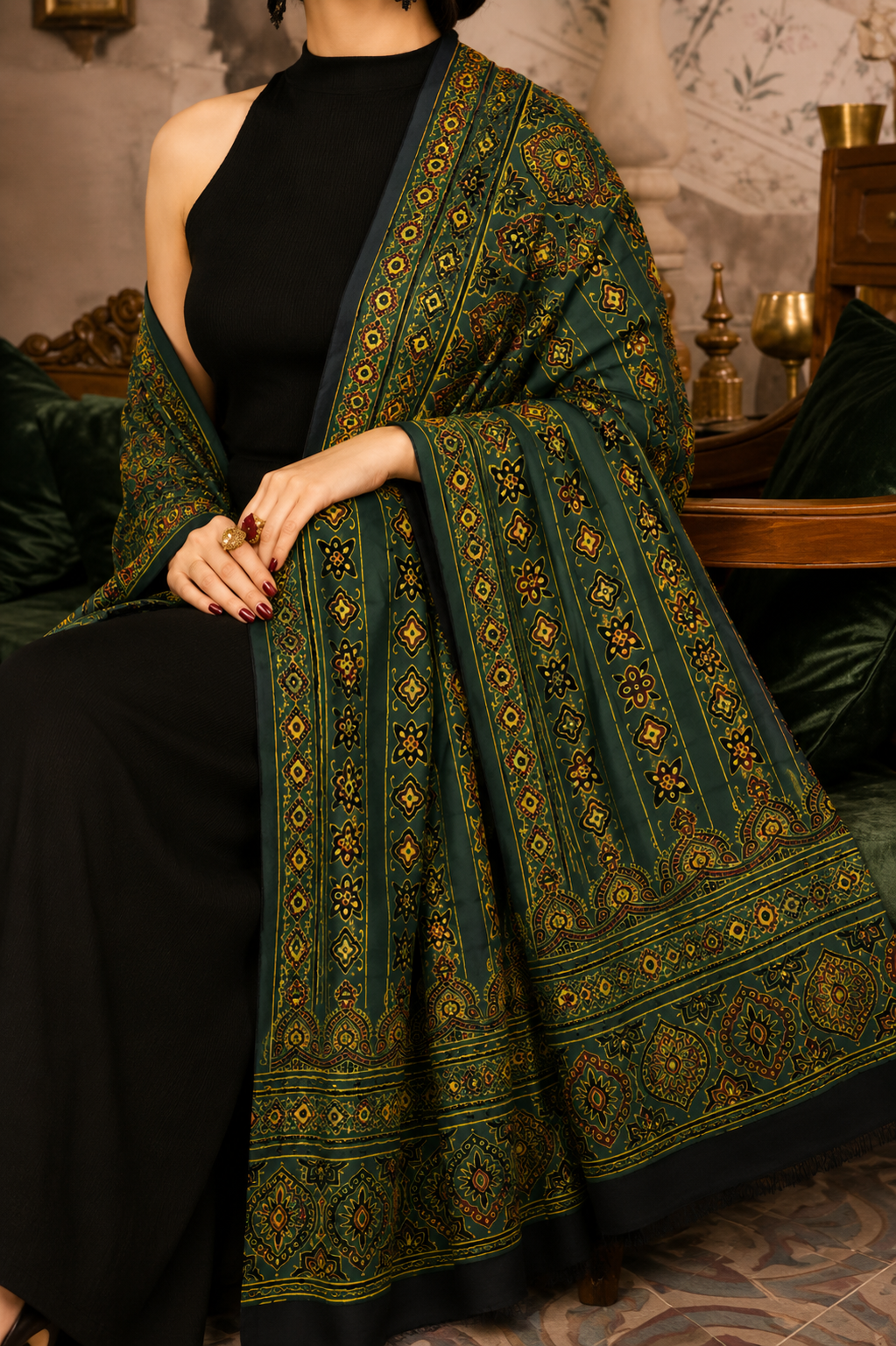 Nilufar Modal Silk Stole — Sheesh Mahal forest green gold Ajrakh handcrafted stole flatlay
