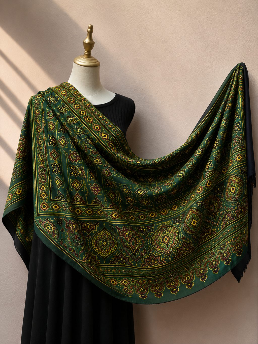 Nilufar Modal Silk Stole — Sheesh Mahal green Ajrakh medallion print handcrafted wrap