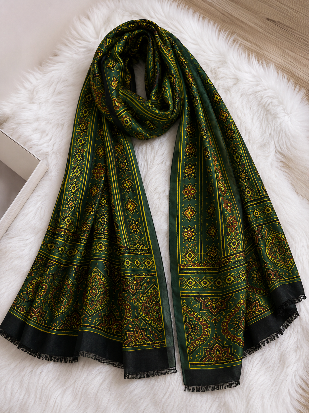 Nilufar Modal Silk Stole — Sheesh Mahal dark green gold block-print handcrafted stole India