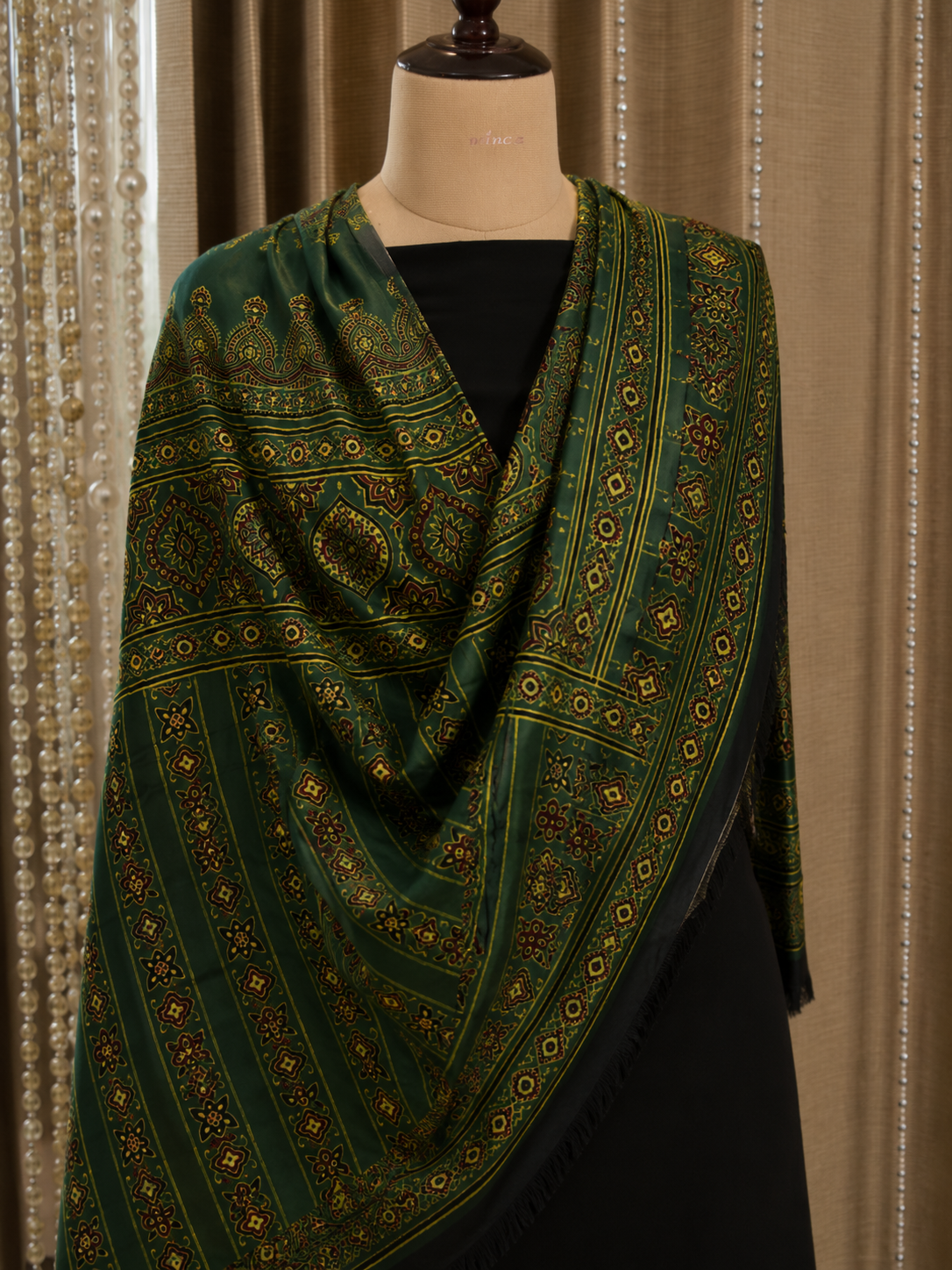 Nilufar Modal Silk Stole — Sheesh Mahal green Ajrakh modal silk stole draped on mannequin