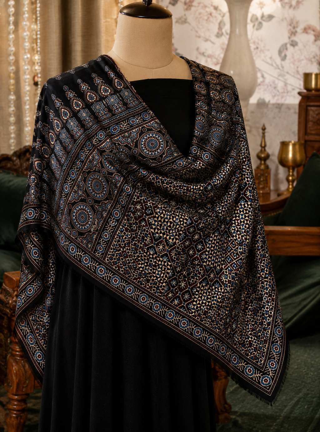 Nilufar Modal Silk Stole — Shahi Ajrakh seated styled black Ajrakh handcrafted dupatta