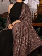 Nilufar Mocha Ajrakh brown modal silk stole over a black dress on a green velvet sofa