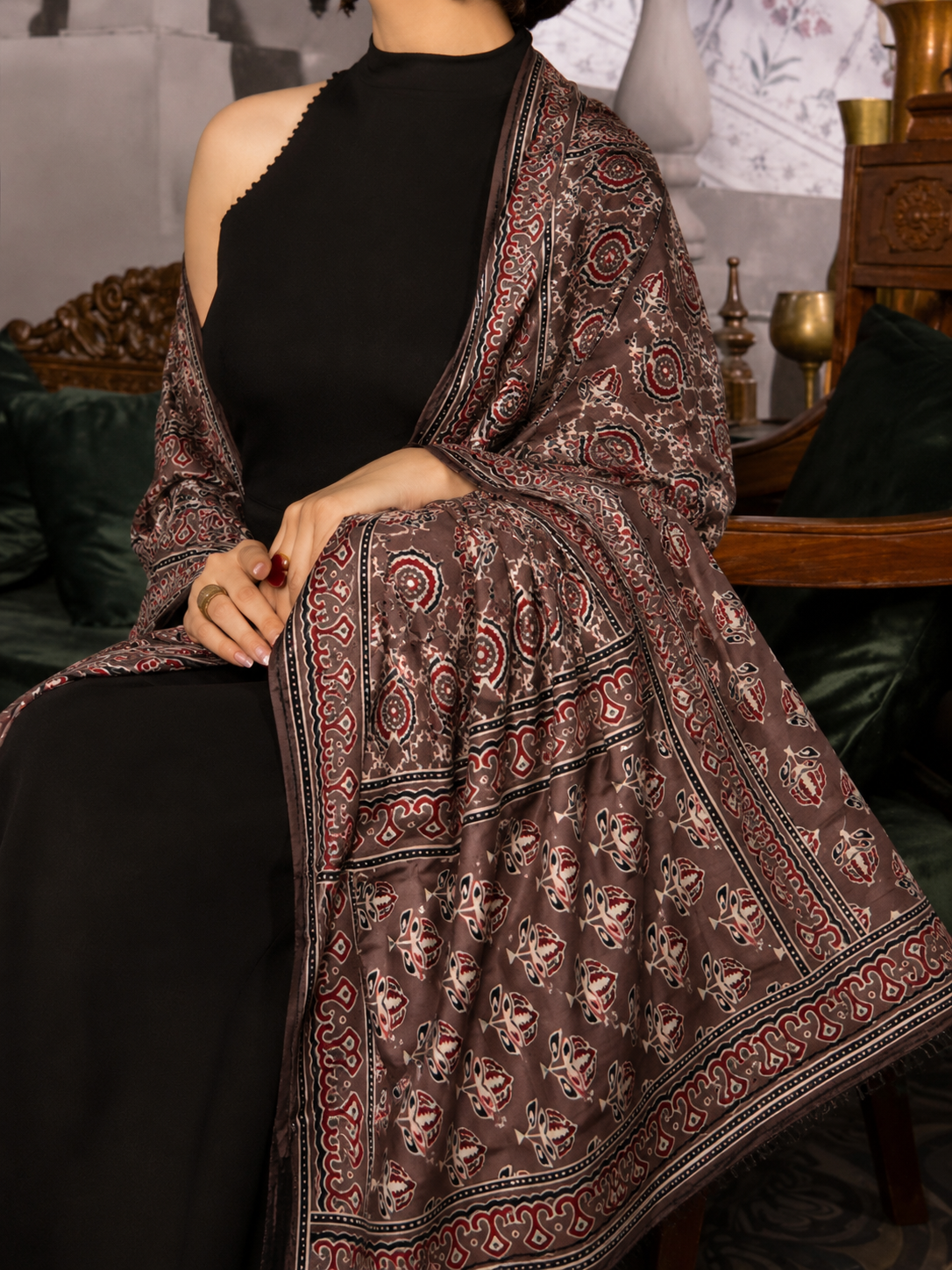 Nilufar Modal Silk Stole — Mocha Ajrakh chocolate brown block-print handcrafted stole draped on mannequin