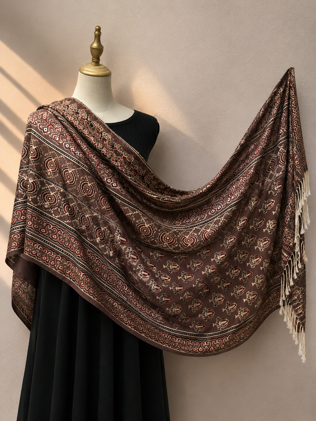 Nilufar Modal Silk Stole — Mocha Ajrakh brown Ajrakh fish motif modal silk stole on mannequin India