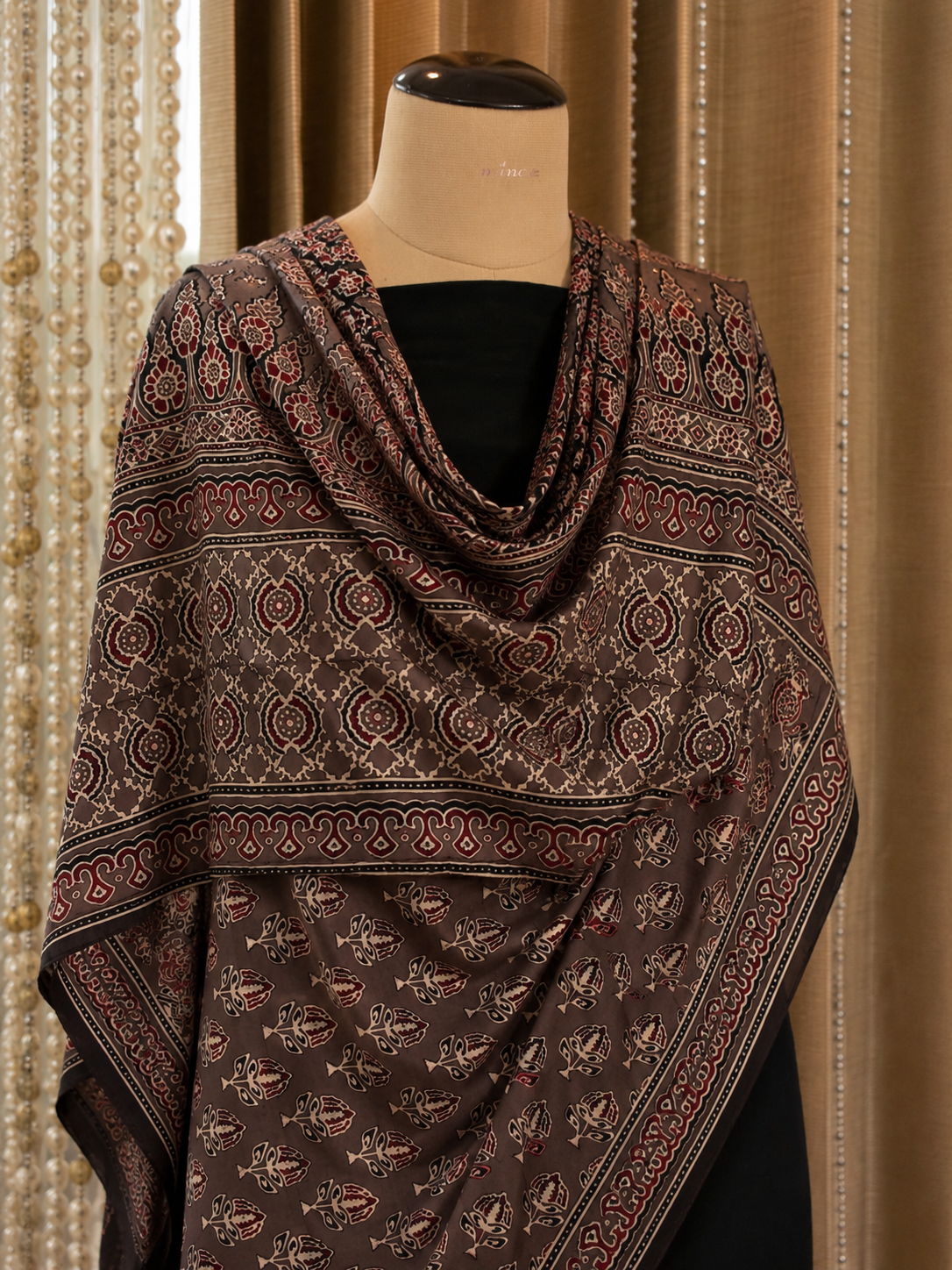 Nilufar Modal Silk Stole — Mocha Ajrakh seated styled earthy brown Ajrakh handcrafted dupatta India