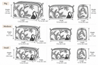 Angan quilted makeup pouch set, size chart for the three nesting pouches: big 9.5 x 7.5 x 5.5 in, medium 8 x 6.5 x 5 in, small 7.5 x 5.5 x 4 in