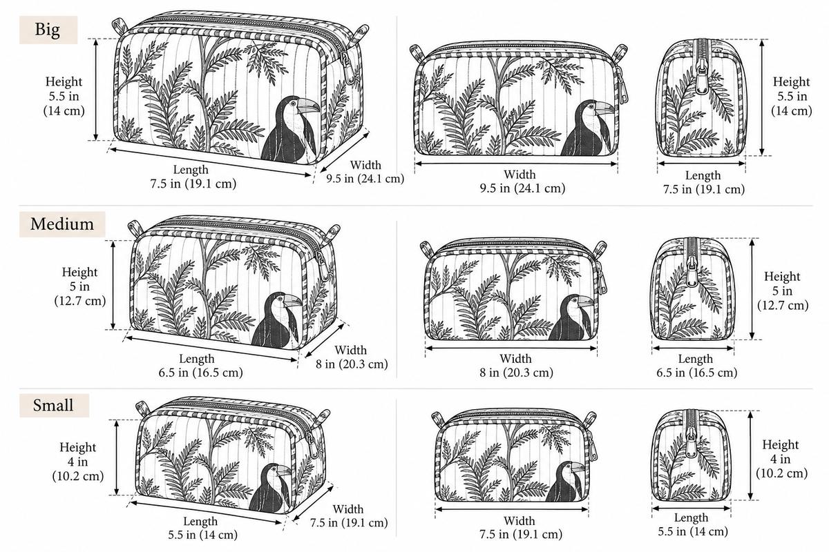 Angan quilted makeup pouch set, size chart for the three nesting pouches: big 9.5 x 7.5 x 5.5 in, medium 8 x 6.5 x 5 in, small 7.5 x 5.5 x 4 in