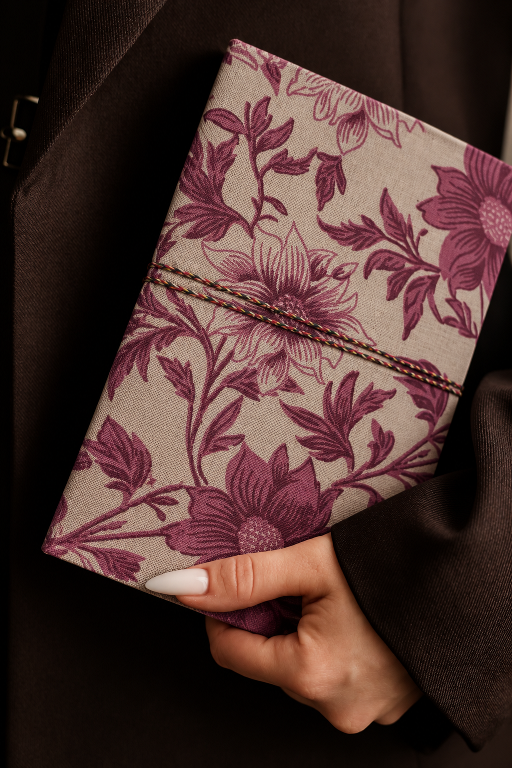 Blush Garden block print fabric diary tucked under the arm against a dark brown coat