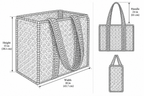 Mitti large quilted tote size chart: 18 in wide, 15 in tall, 24 in handle drop