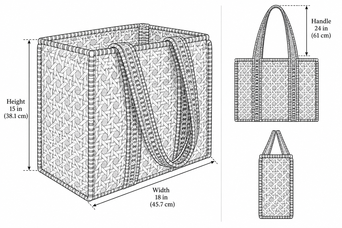 Mitti large quilted tote size chart: 18 in wide, 15 in tall, 24 in handle drop