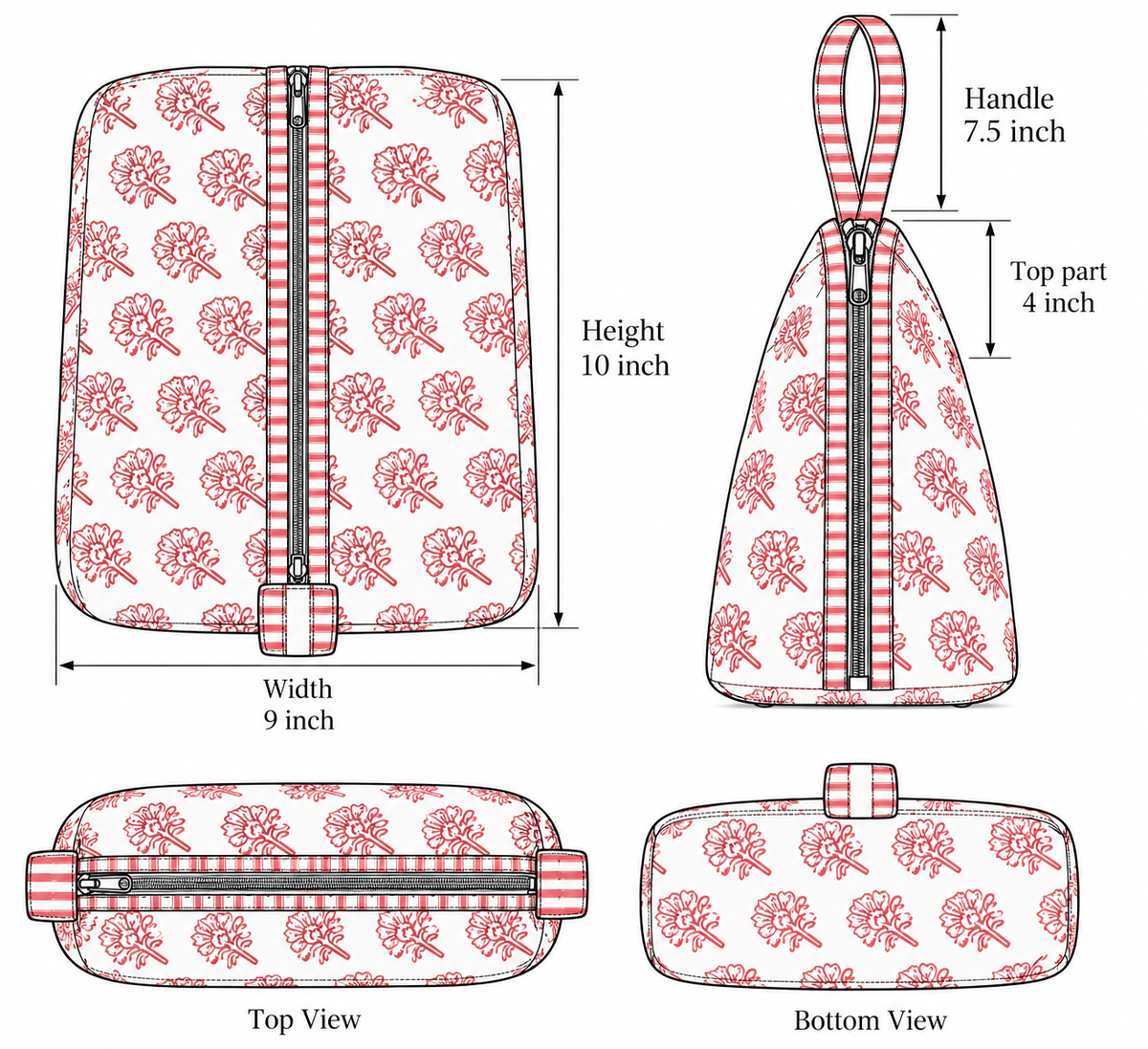 Gulaab quilted hair tool bag size chart: 10 in high, 9 in wide, 4 in top section, 7.5 in handle