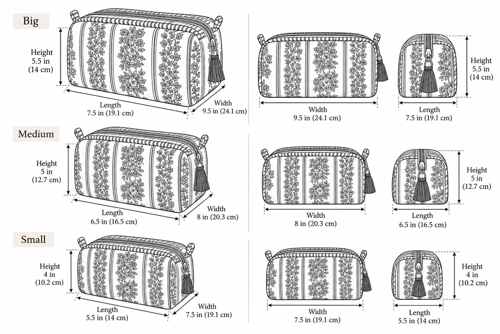 Jharna quilted makeup pouch set, size chart for the three nesting pouches: big 9.5 x 7.5 x 5.5 in, medium 8 x 6.5 x 5 in, small 7.5 x 5.5 x 4 in