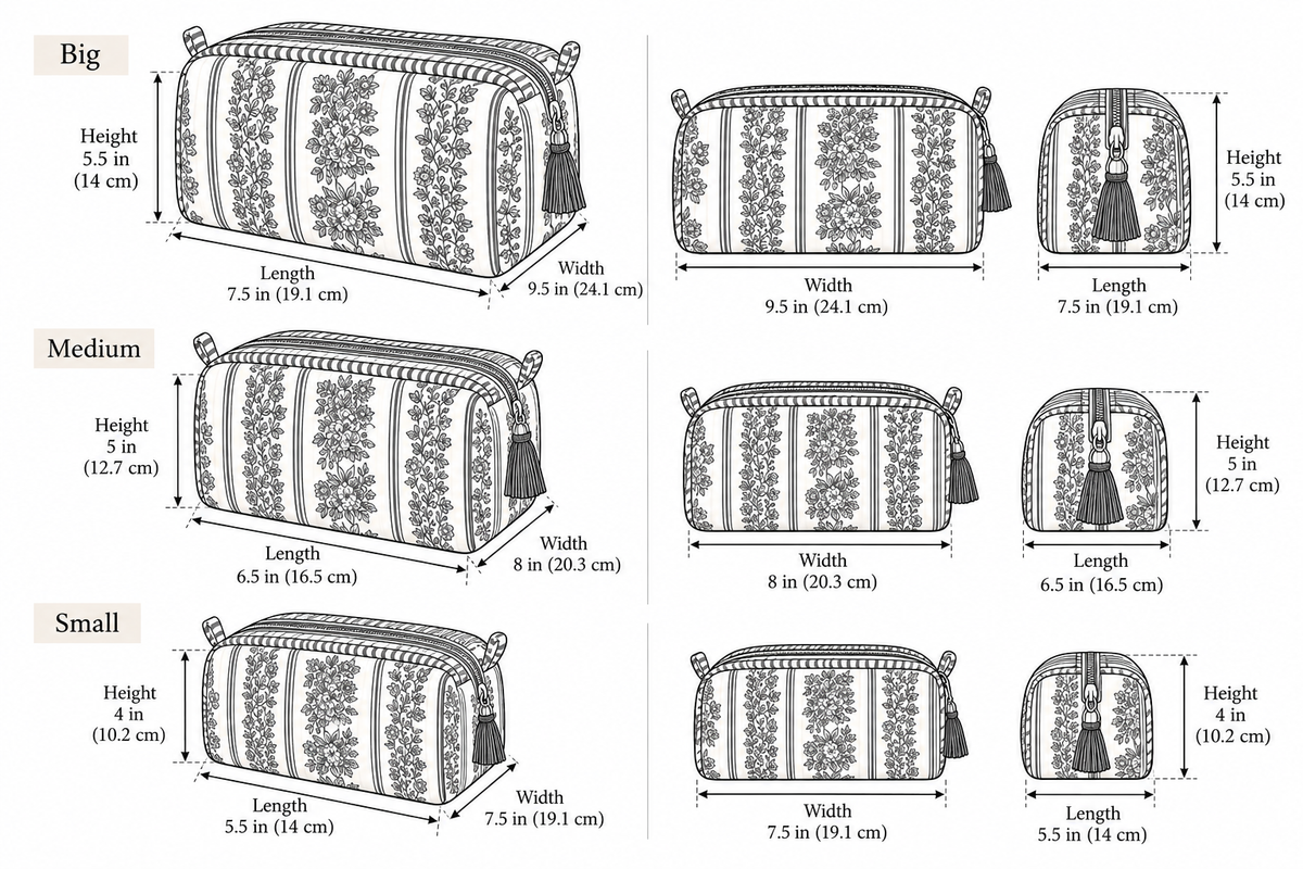 Jharna quilted makeup pouch set, size chart for the three nesting pouches: big 9.5 x 7.5 x 5.5 in, medium 8 x 6.5 x 5 in, small 7.5 x 5.5 x 4 in