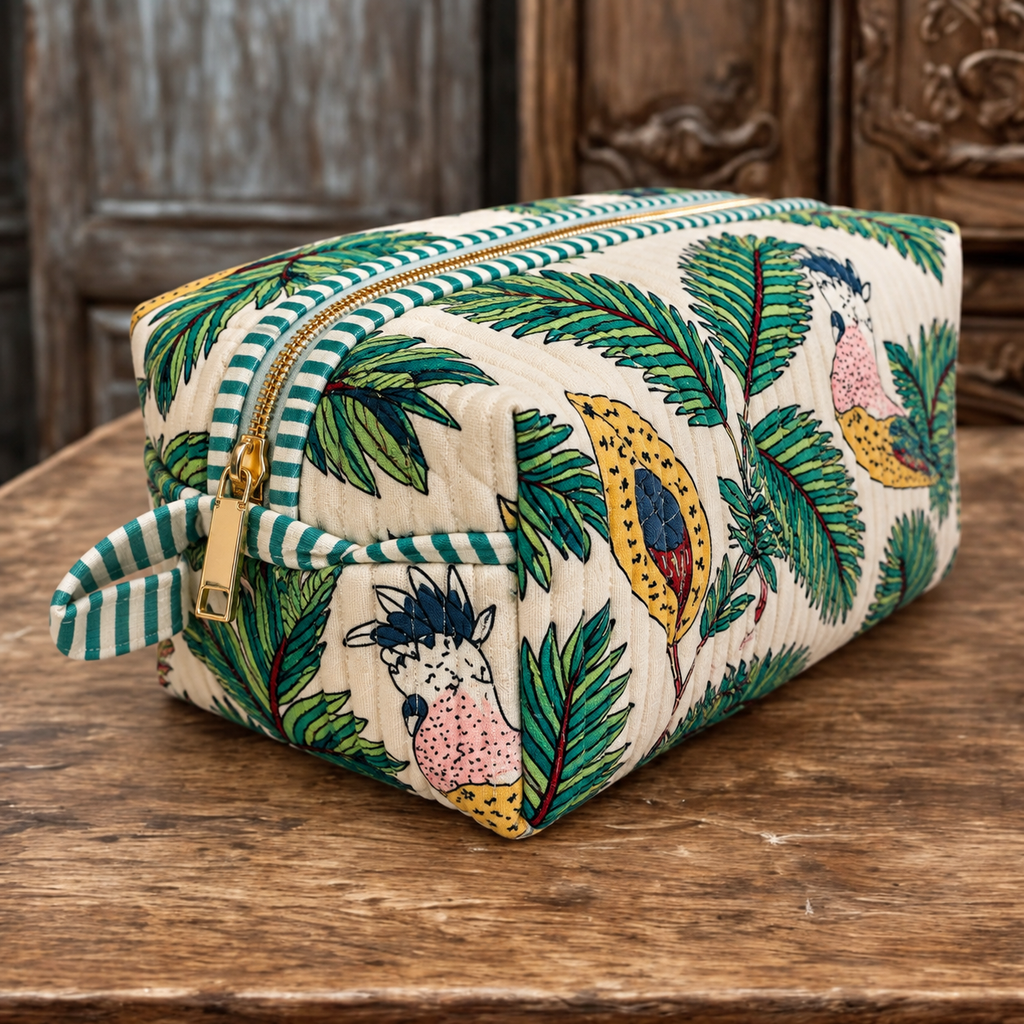 Vaan quilted hair tool bag in cockatoo and palm print, zipped shut, showing the gold zip and green striped end handle