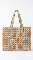Mitti large quilted tote in a sand and white cane-weave print, front view on white