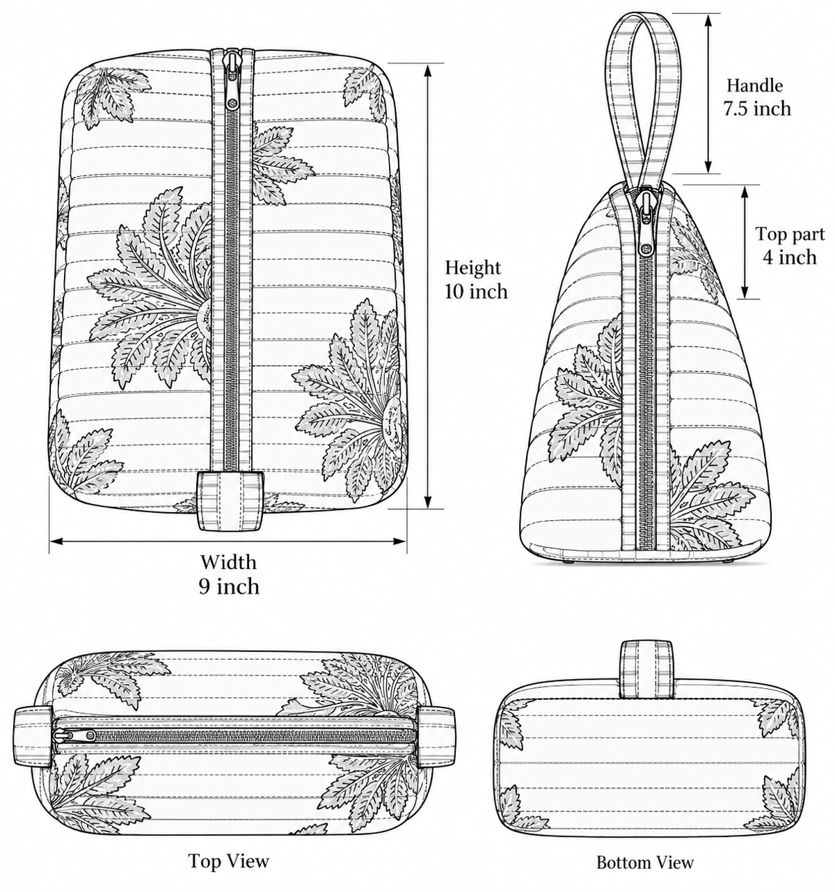 Gul quilted hair tool bag size chart: 10 in high, 9 in wide, 4 in top section, 7.5 in handle