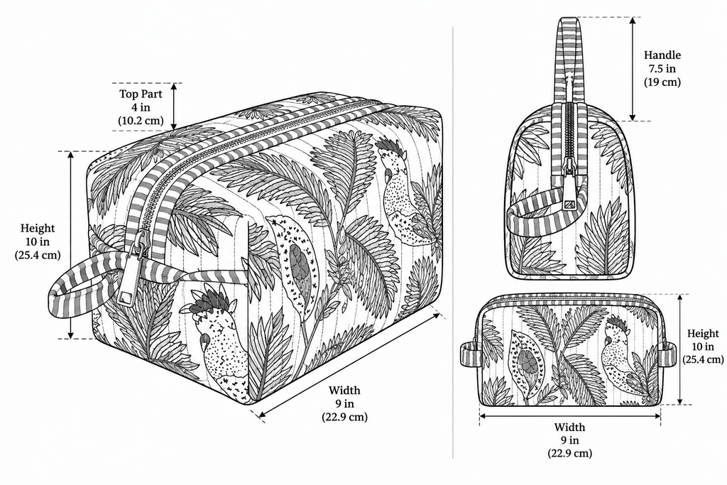 Vaan quilted hair tool bag size chart: 10 in high, 9 in wide, 4 in top section, 7.5 in handle