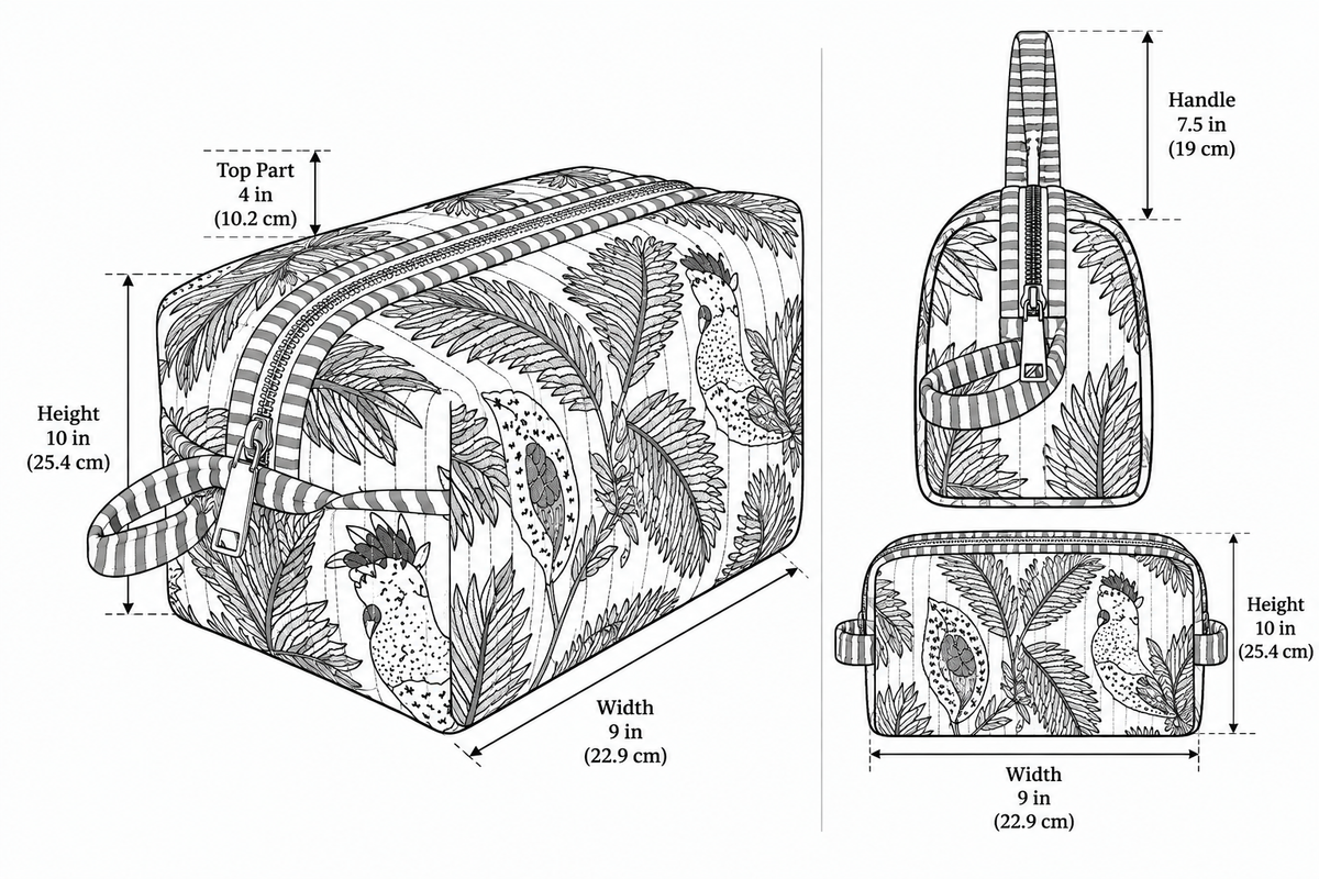 Vaan quilted hair tool bag size chart: 10 in high, 9 in wide, 4 in top section, 7.5 in handle