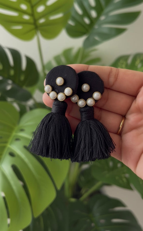 Black Bloom Earrings — handcrafted black pearl tassel statement earrings India