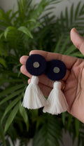 Midnight Mist Earrings — handcrafted navy mirror work tassel earrings India