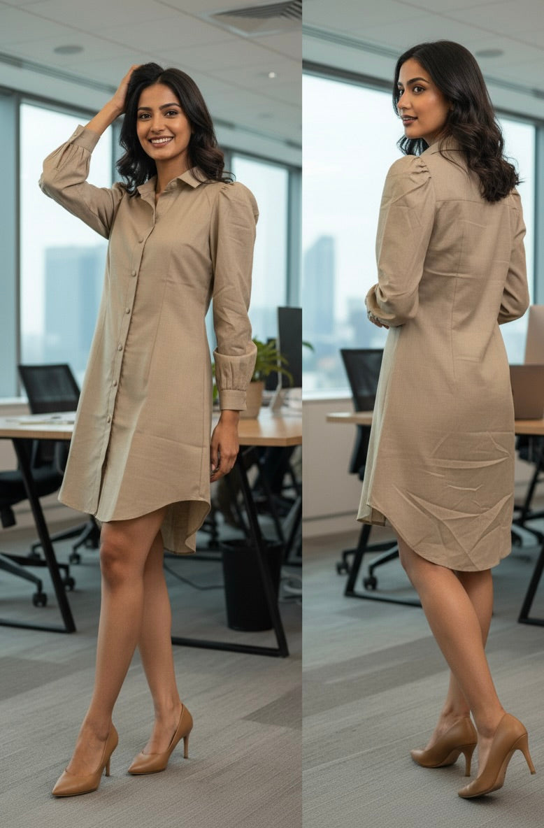 Ibrik Shirt Dress back view — camel ethnic fusion workwear dress India